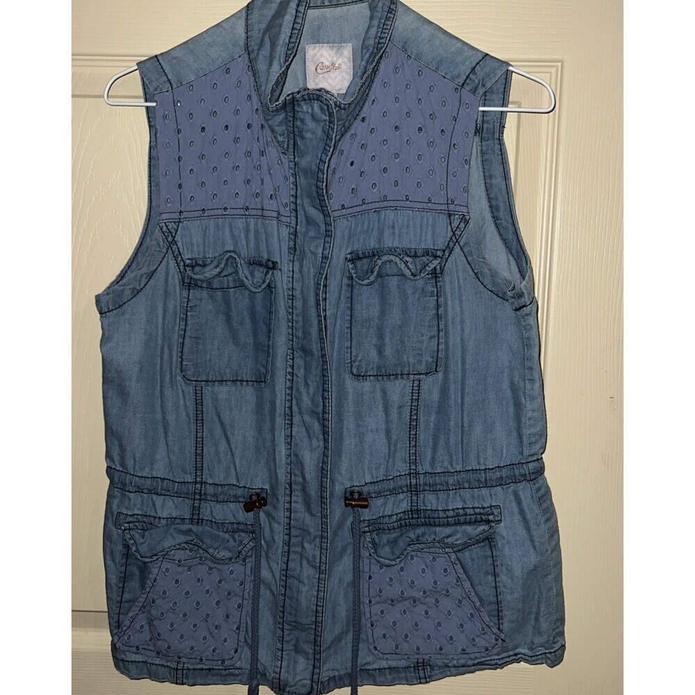 Candie's Vest Eyelet Safari Utility Cargo Blue Lgtwt Drawstring Zip Snap Sz M